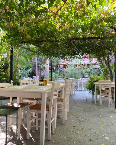 Shaded outdoor cafe terrace with white tables and chairs